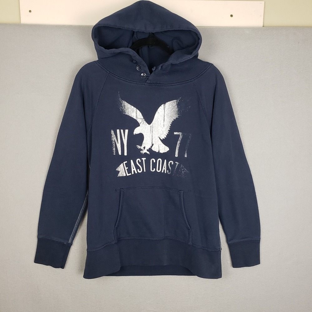 American Eagle Womens M Logo Front Hoodie Sweatshirt Navy Blue 3-Button Y2K Prep